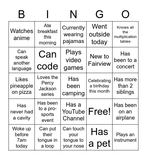 Get to Know the Class Bingo Card