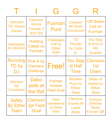 Clemson vs. Furman TIGER Bingo Card