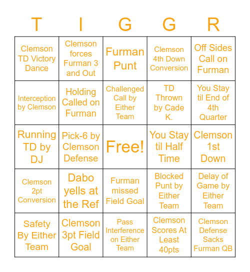 Clemson vs. Furman TIGER Bingo Card