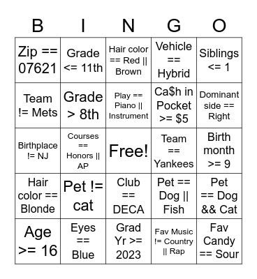 APCSP Boolean Bingo Card