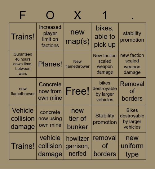 Foxhole V1.0 Bingo Card