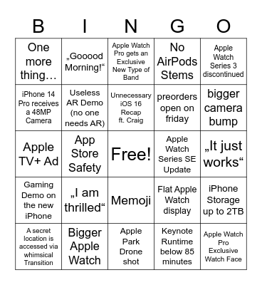 Apple September Event 2022 Bingo Card