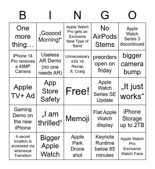 Apple September Event 2022 Bingo Card
