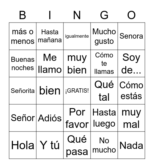 Exploratory Spanish Greetings Bingo Card