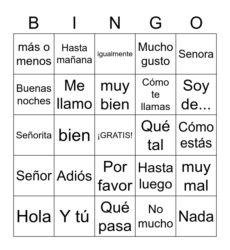 Exploratory Spanish Greetings Bingo Card