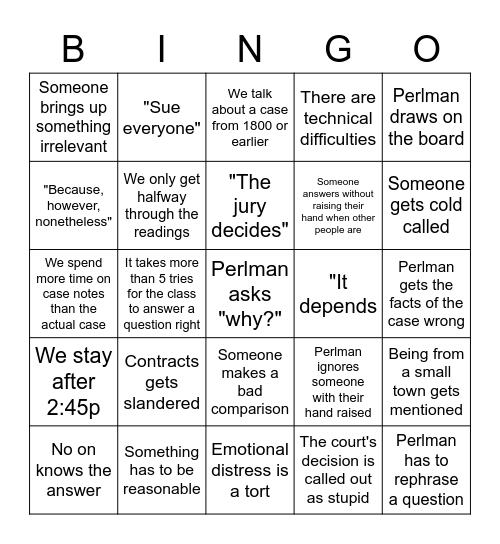 Torts Bingo Card