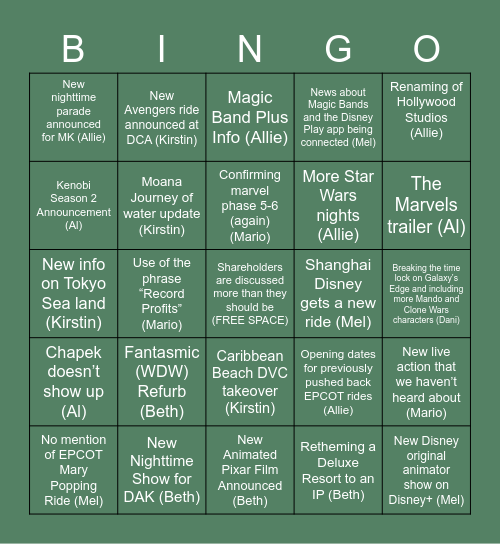 D23 Bingo! Bingo Card