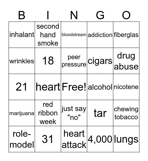 Drug/Alcohol Bingo Card