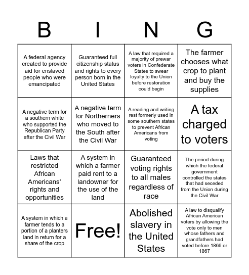 Reconstruction Bingo Card