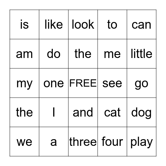 Sight Word Bingo Card