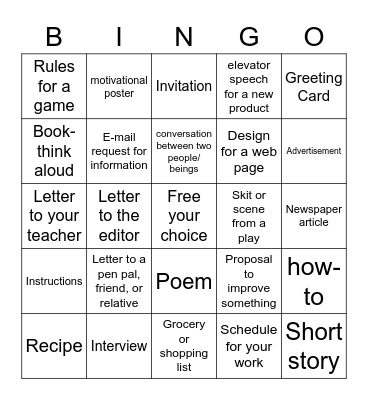 WRITING Bingo Card