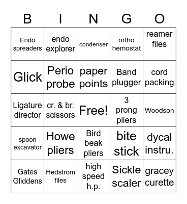 Dental Instruments Bingo Card