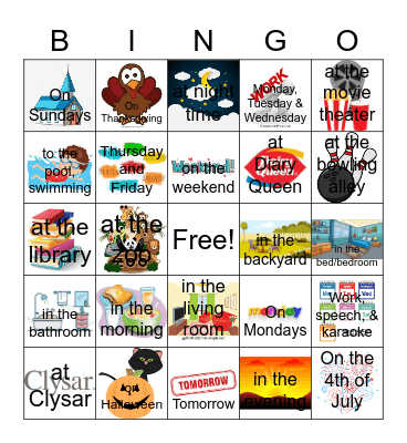 "When" and "Where" Bingo Card