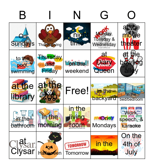 "When" and "Where" Bingo Card