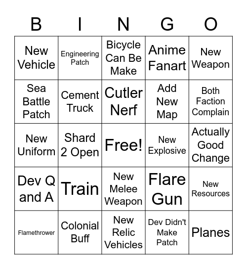 Foxhole Bingo Card