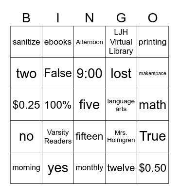 Library Orientation Bingo Card