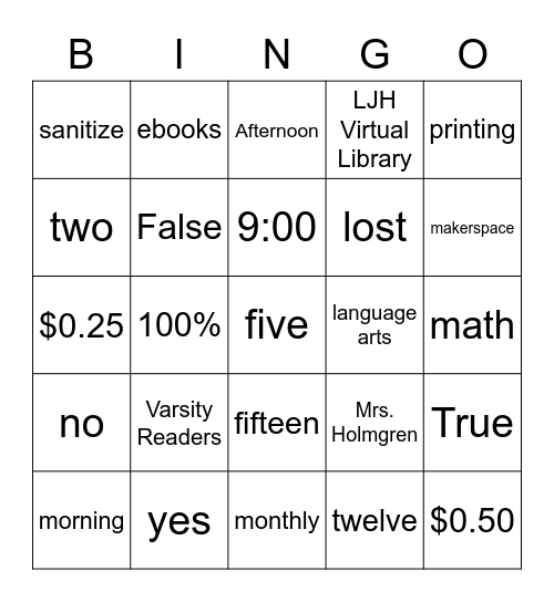 Library Orientation Bingo Card