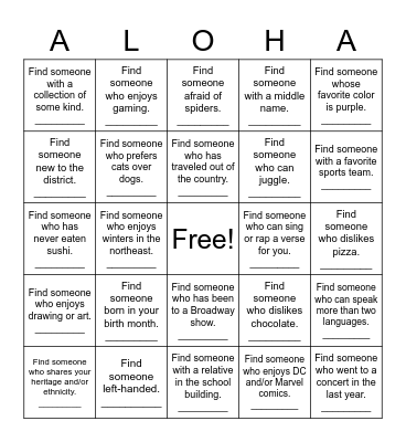 ALOHA! Bingo Card