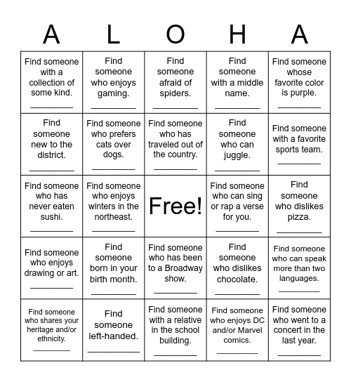 ALOHA! Bingo Card