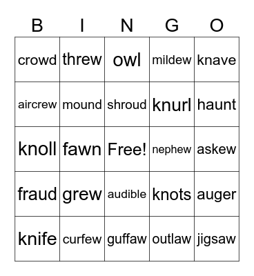 kn, ew, au, aw, ou, ow Bingo Card