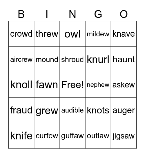 kn, ew, au, aw, ou, ow Bingo Card