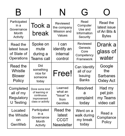 Governance Month 2022 A Bingo Card