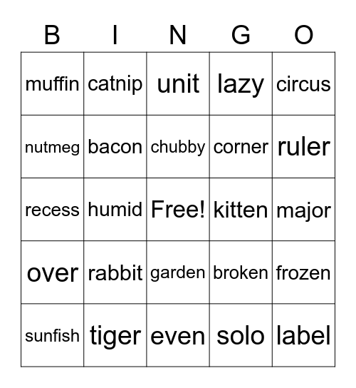 rabbit tiger words Bingo Card