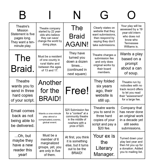 Play Submission Bingo Card