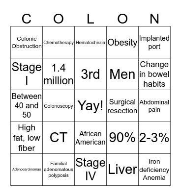 Colon Cancer Bingo Card