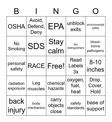 Promotion of Safety Bingo Card