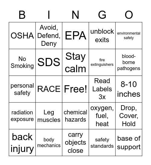 Promotion of Safety Bingo Card
