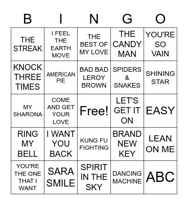 70'S HITS Bingo Card