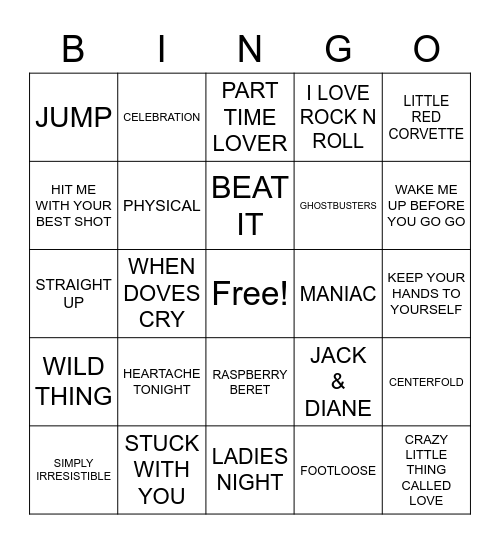 80'S HITS Bingo Card