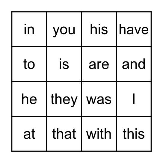 Fry Words 1-25 Bingo Card