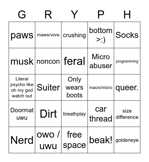 Gryphon Barn Bingo Card