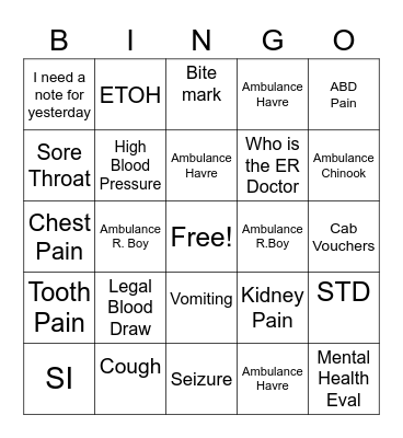 ER Bingo Card
