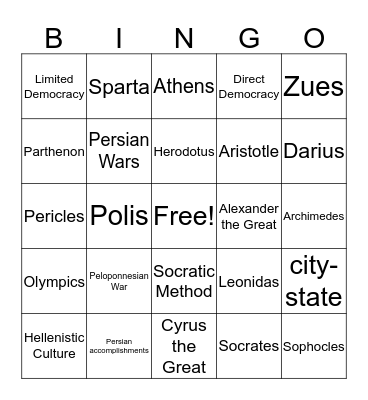 Persia/Greece Bingo Card