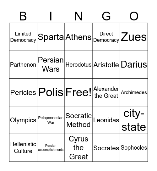 Persia/Greece Bingo Card