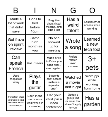 Online Team Building Bingo Card