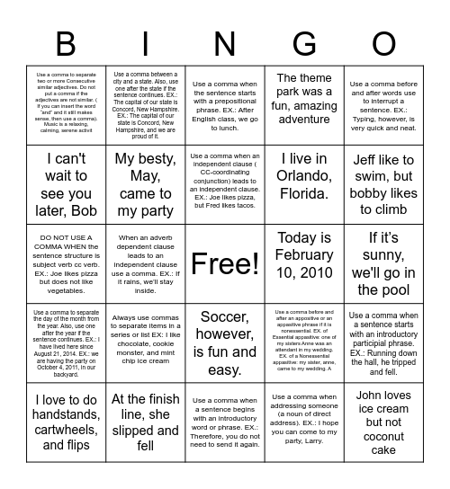 Answers to comma bingo Card