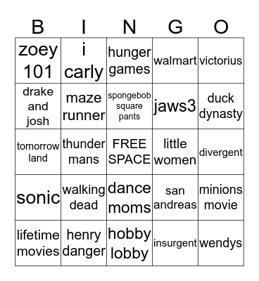 tv shows and movies Bingo Card
