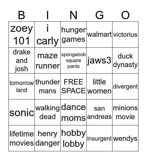 tv shows and movies Bingo Card