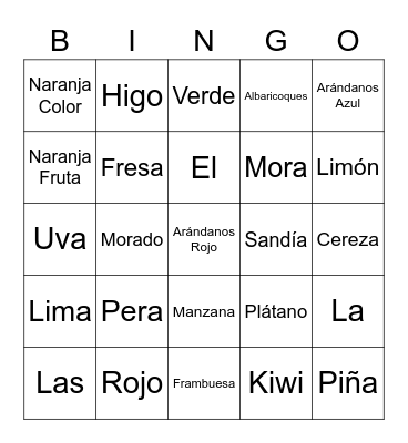 Las Frutas y Los Colores Bingo Card