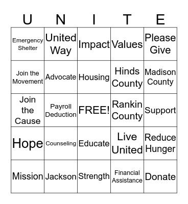 Unite for United Way Bingo Card