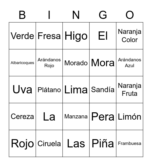 Las Frutas y Los Colores Bingo Card
