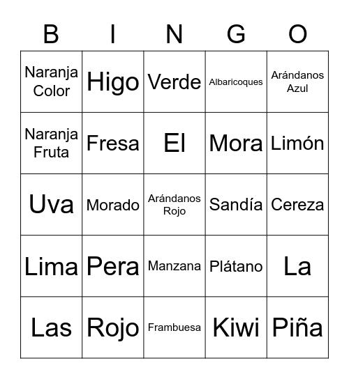 Las Frutas y Los Colores Bingo Card