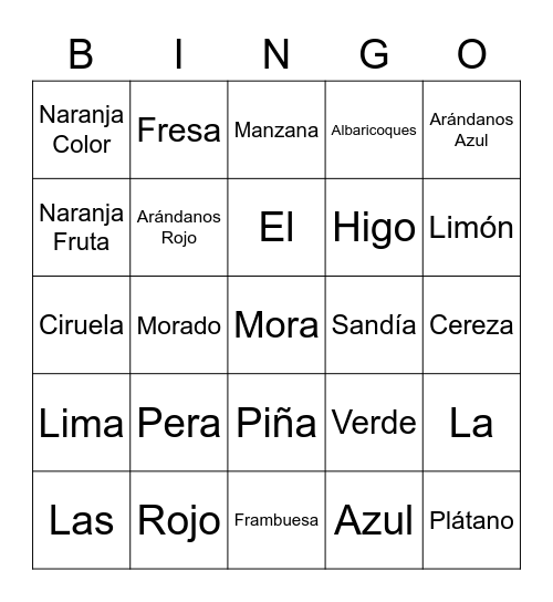 Las Frutas y Los Colores Bingo Card