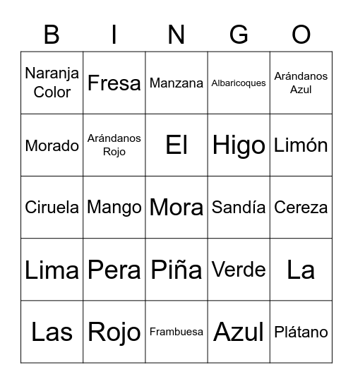 Las Frutas y Los Colores Bingo Card