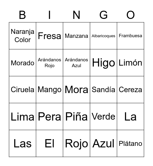 Las Frutas y Los Colores Bingo Card