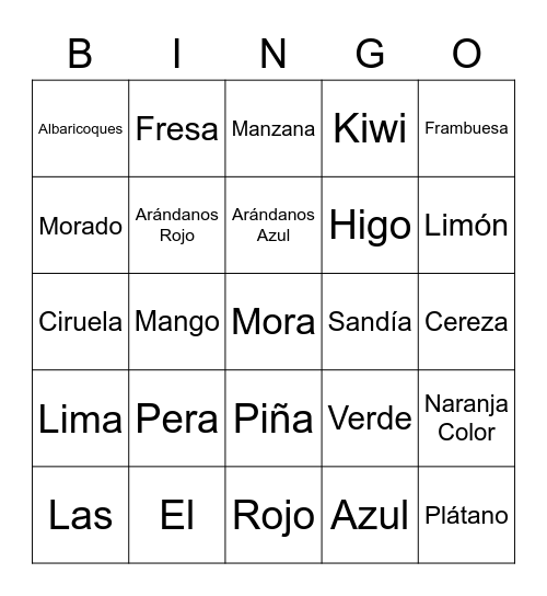 Las Frutas y Los Colores Bingo Card